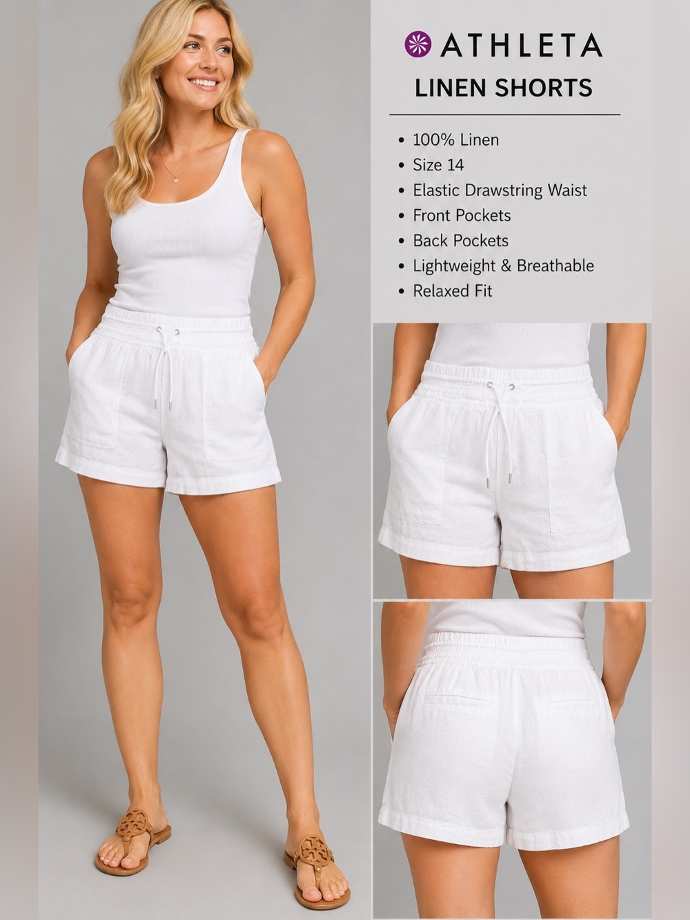 Athleta Cabo Linen Shorts Women’s Size 14 White 100% Linen Drawstring 4” Inseam